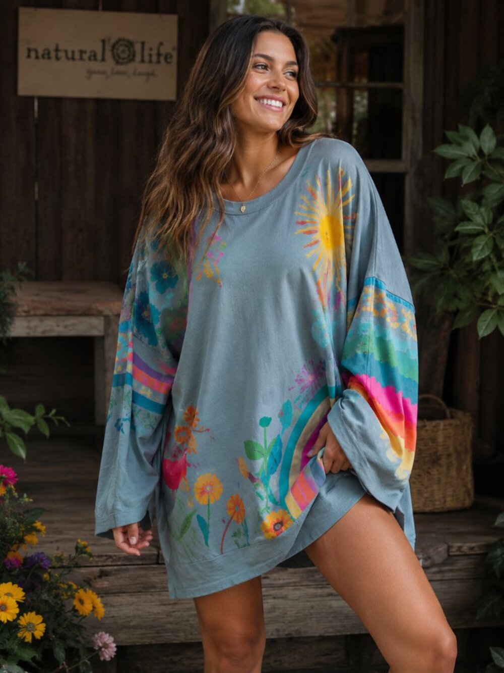 Natural Life New Billie Oversized Colorful Floral Boho Sweatshirt Dress One size